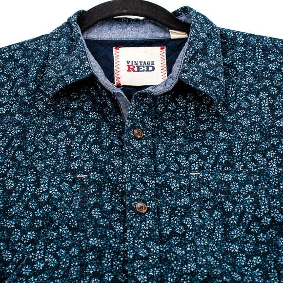 Floral Button-Up Chambray Trim – Men’s Medium Long Sleeve Casual | Vintage Red - Picture 2 of 12